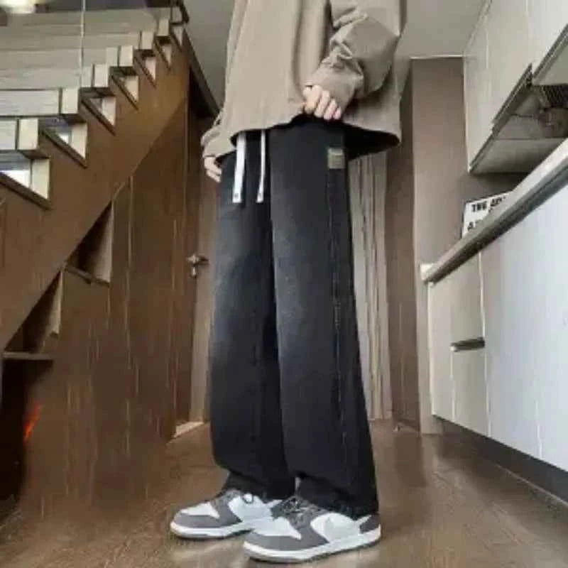 Men's Drawstring Waist Loose Straight Leg Jeans Summer Casual Wide Leg Denim Pants
