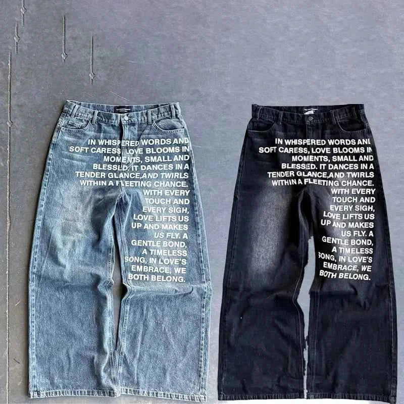 Y2K men Jeans vintage American Pattern letter jeans streetwear gothic Harajuku Hip Hop men women Fashion Casual wide leg jeans
