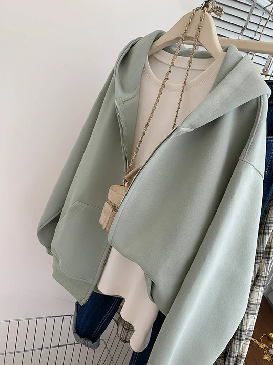 Women Fashion Solid Color Hoodies Elegant Long Sleeve Zipper Coat Chic Sweatshirt Casual Lazy Style Hooded Cardigan GONZALES ONLINE SHOP