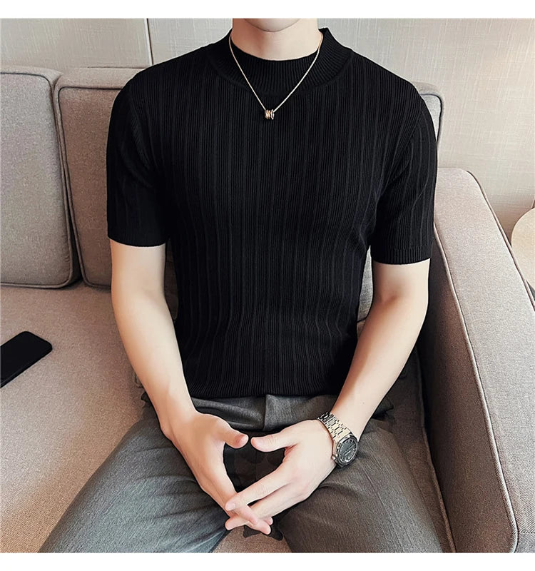 Men's High-End Casual Short Sleeve knitting Sweater/Male High collar Slim Fit Stripe Set head Knit Shirts Plus size S-4XL GONZALES ONLINE SHOP