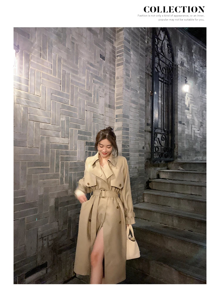 Autumn Winter Khaki Long Trench Coat for Women 2024 Jacket Elegant Outerwear Turn-down Collar Tie Belt Korean Chic Windbreaker GONZALES ONLINE SHOP