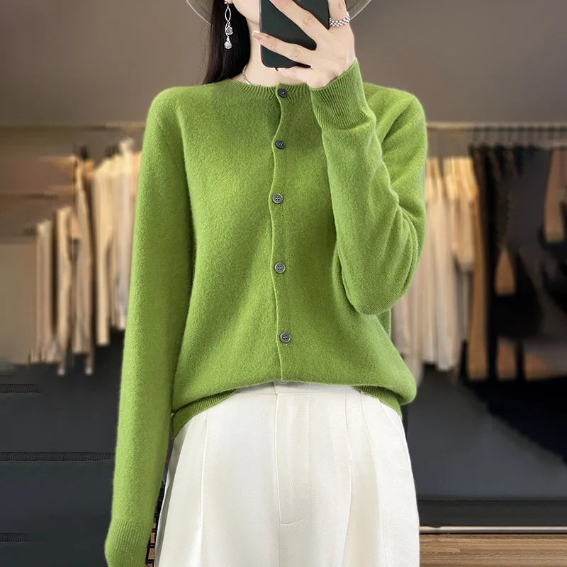 100% Merino Wool Sweater Women O-Neck Cardigan Basic Style  Buttoned Knitwear Female Casual Autumn Winter Soft Tops GONZALES ONLINE SHOP
