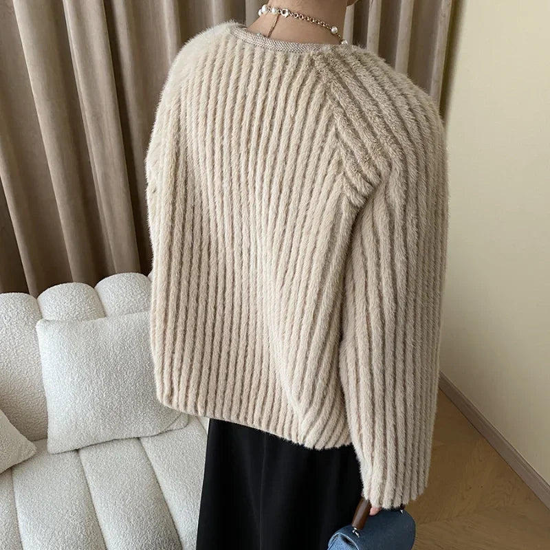 Water Ripple Luxury French Fake Fur Gray Women Coat Small Fragrance Loose Simple Long Sleeve O Neck Elegant Chic Casual Coat GONZALES ONLINE SHOP