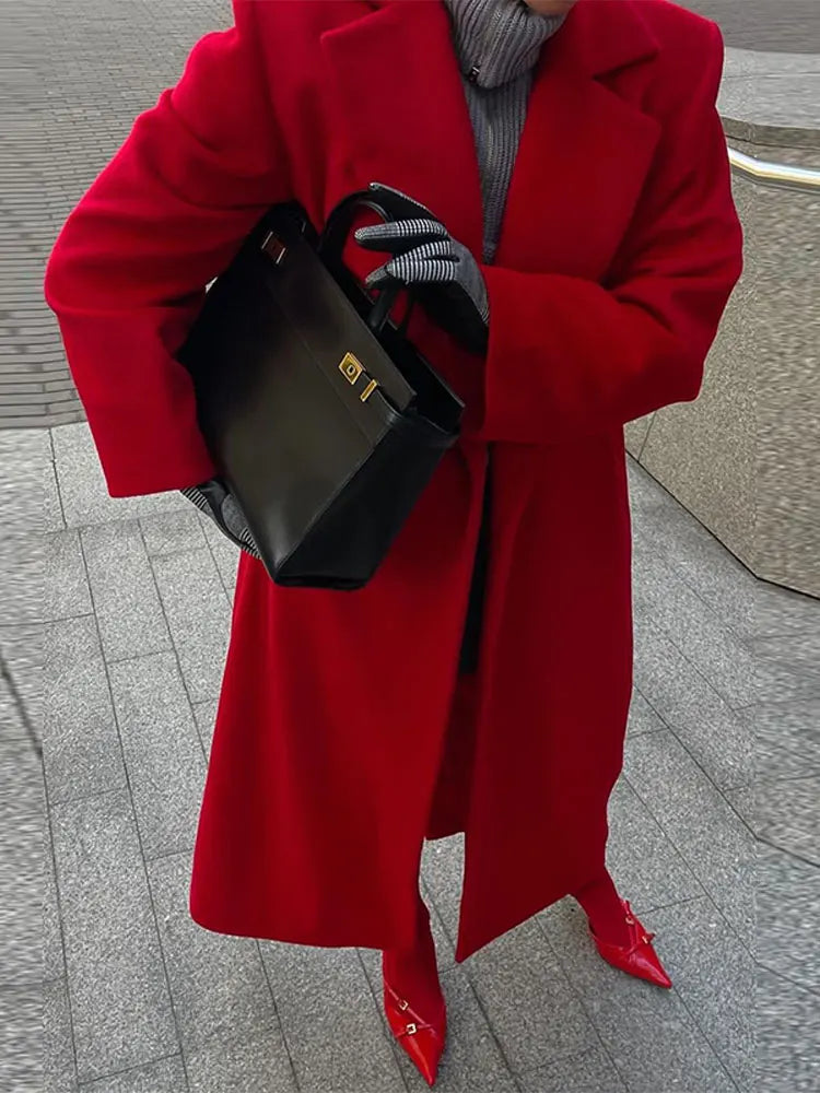 New Red Elegant Turndown Collar Women's Woolen Overcoat Vintage Full Sleeves Loose Commute Long Coat 2024 Lady Chic Fall Outwear GONZALES ONLINE SHOP