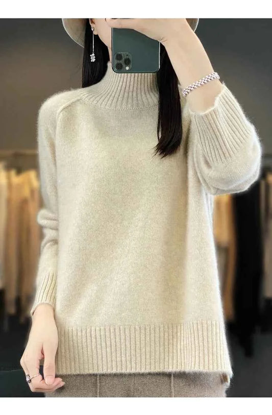 Women's High-Necked Cashmere Sweater 100% Soft Wool Thickened Lazy Raglan Sweater with Slit for Autumn Winter Comfortable Waxy W