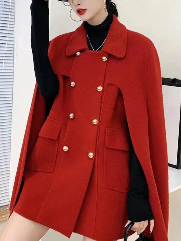 TWOTWINSTYLE Solid Patchwork Pocket Chic Coat For Women Lapel Cloak Sleeve Spliced Double Breasted Elegant Coats Female Style GONZALES ONLINE SHOP