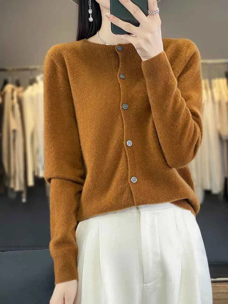 100% Merino Wool Sweater Women O-Neck Cardigan Basic Style  Buttoned Knitwear Female Casual Autumn Winter Soft Tops