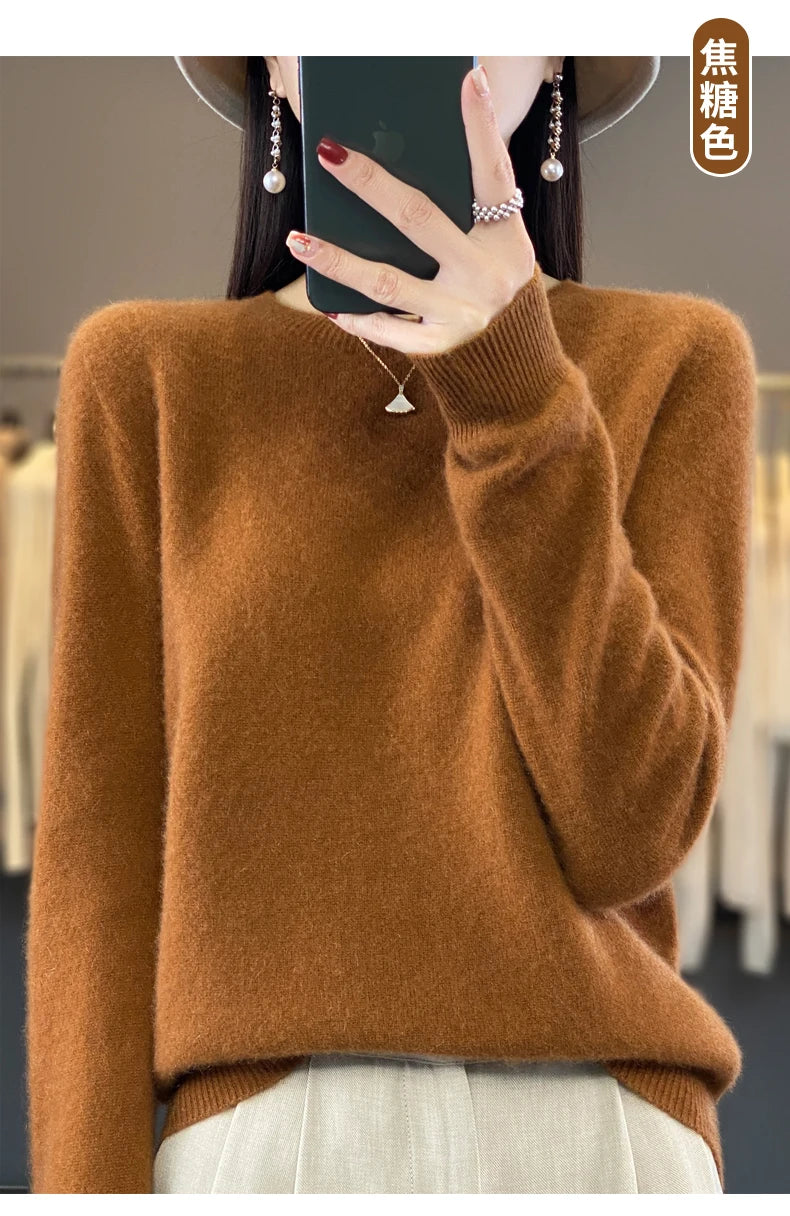 100% Merino Wool Sweater Women O-neck Cashmere Knitwear Female Pullover Autumn Winter Casual Tops Solid Color Soft  Clothing GONZALES ONLINE SHOP