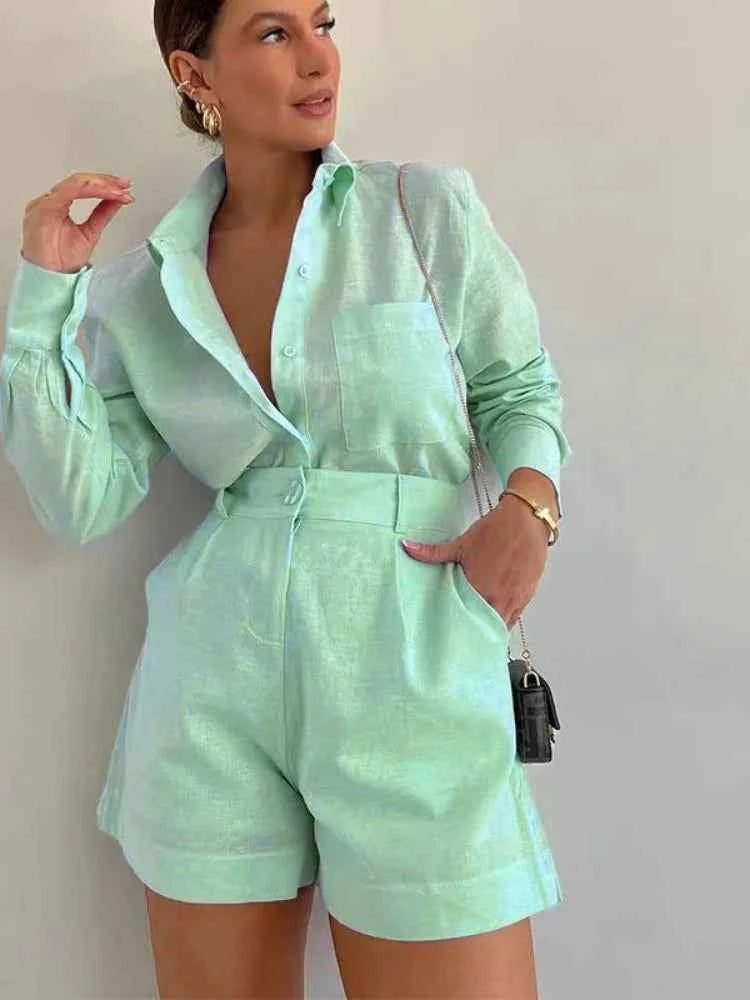 Women Long Sleeve 2 Pieces Sets Casual Simple Button Pockets Short Pant with Shirts Tops 2026 Summer Fashion Suit Female Outfits