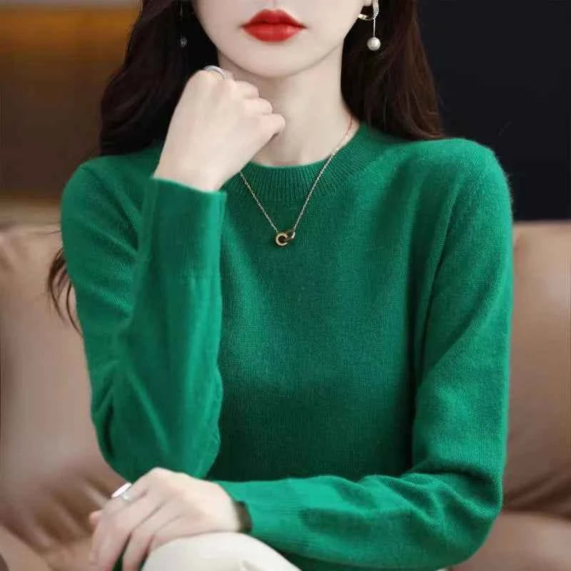 Women Slim O-Neck Solid Pullover Cashmere Wool Blending Sweater Autumn And Winter Long-Sleeved Knit Bottoming Shirt Large Size