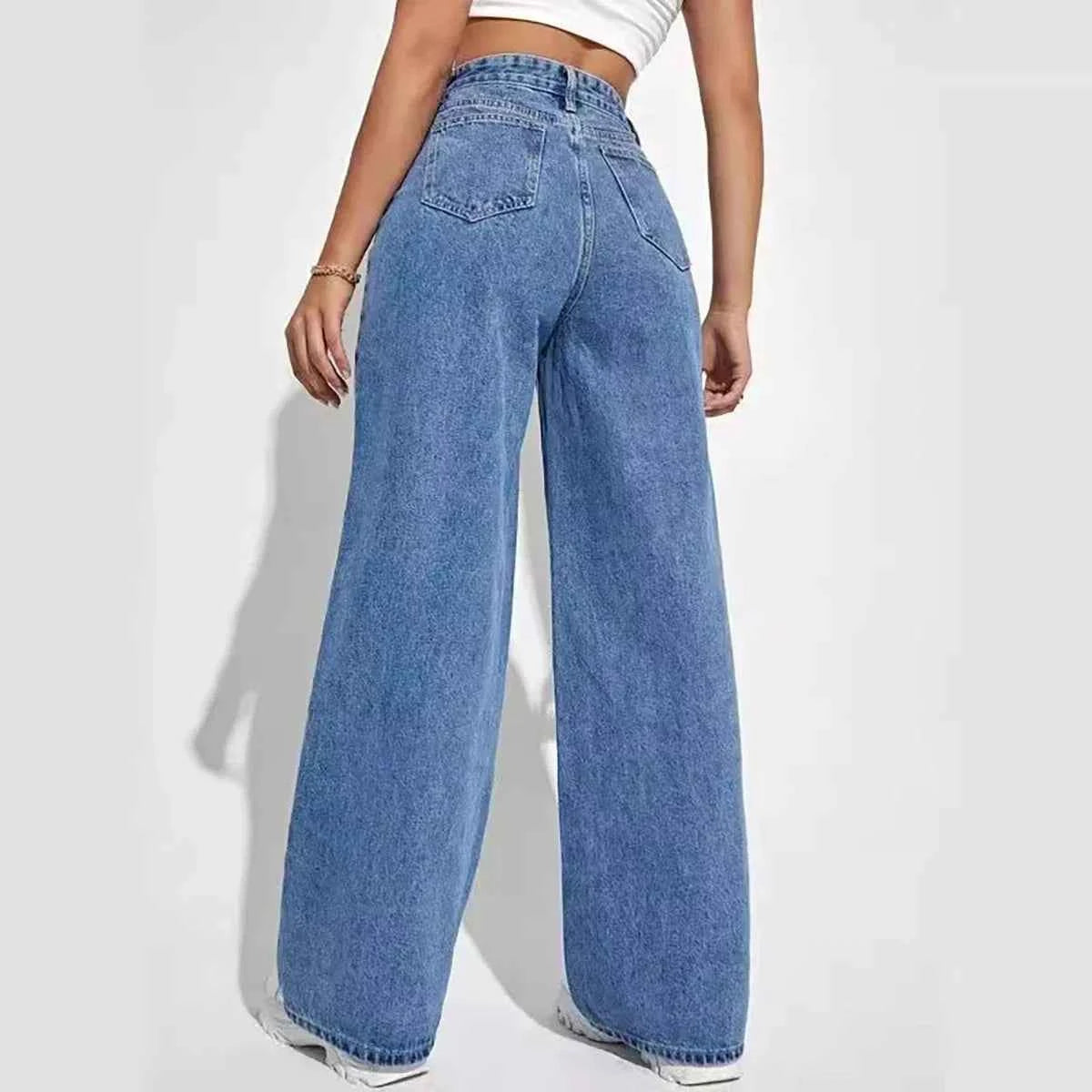 Women's New Dark Blue Wide Leg Straight Jeans Slimming All-match Spring Summer