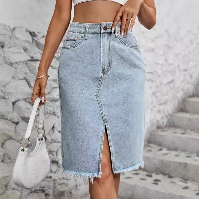 Women Slit Denim Half Skirt Hand Frayed Tassel Raw Edge Skirt Vintage Retro Korean Jean Long Office Lady Slim Fit High Waisted GONZALES ONLINE SHOP