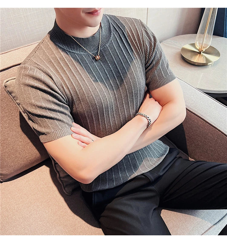 Men's High-End Casual Short Sleeve knitting Sweater/Male High collar Slim Fit Stripe Set head Knit Shirts Plus size S-4XL GONZALES ONLINE SHOP