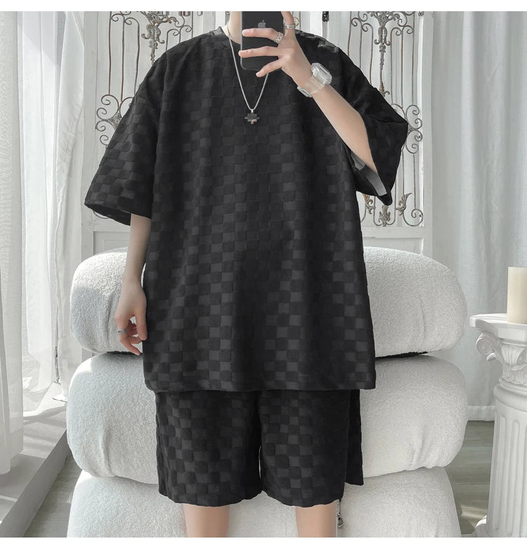 Men's Set Fashion Summer Loose Casual Plaid T Shirts And Shorts High Quality Korean Luxury Clothing Men's Clothes Big Size 5XL-M GONZALES ONLINE SHOP