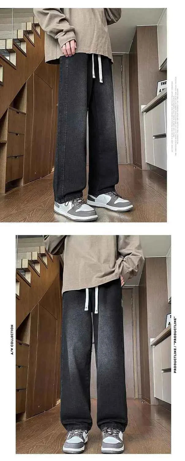 Men's Drawstring Waist Loose Straight Leg Jeans Summer Casual Wide Leg Denim Pants