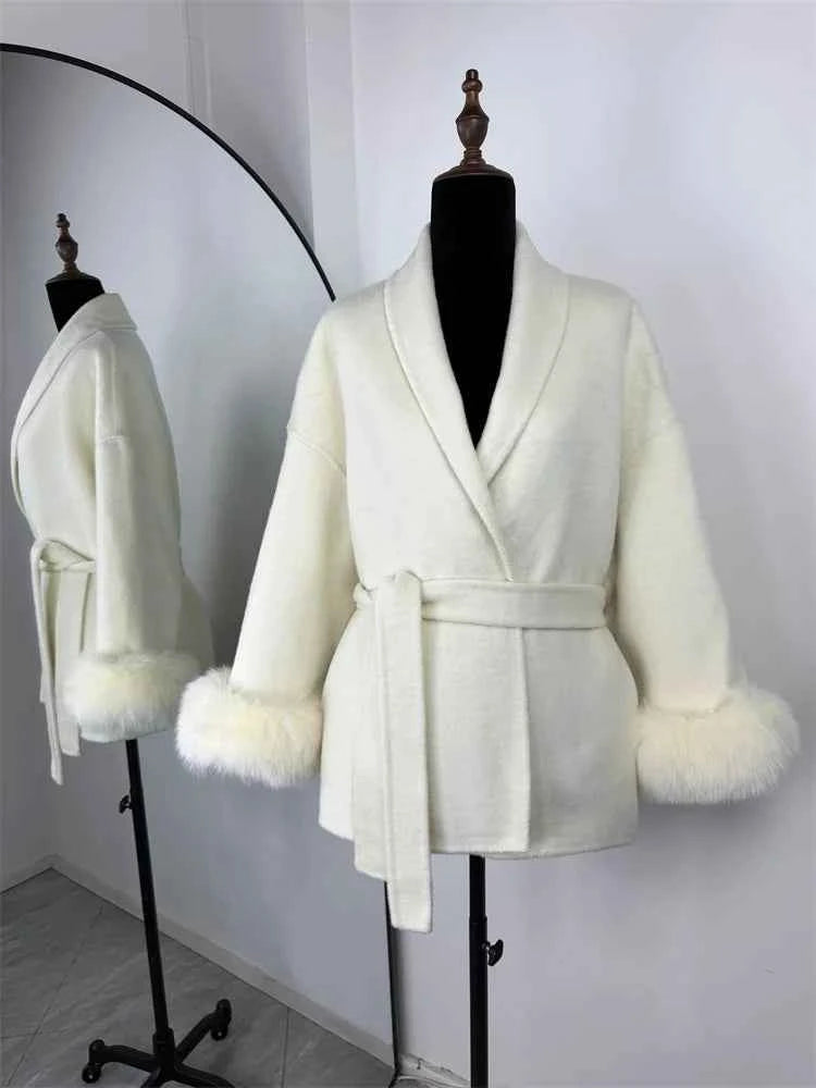 Tossy Fox Fur Wool Overcoat Women's Short Coat Office Lady Elegant Double-sided Woolen Coat 2025 New Cardigan Jackets Loose Wool