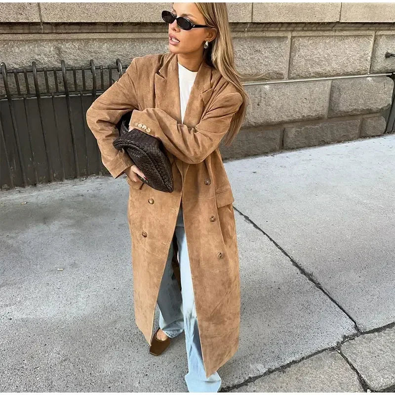 Women Fashion Double Breasted Solid Suede Overcoats Elegant Lapel Full Sleeves Pocket Long Coat Autumn Chic Lady Commute Outwear GONZALES ONLINE SHOP