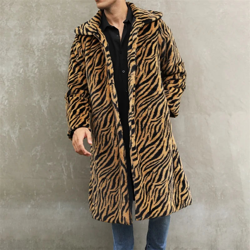 Men’s Faux Fur Coat Winter Warm Long Sleeve Leopard Zebra Print Long Jacket Open Front Overcoat GONZALES ONLINE SHOP