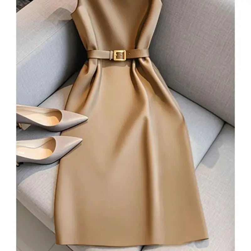 Elegant Women's Formal Dress With Belt Summer New Fashion Solid Color O-Neck Sleeveless High Waist OL Midi Party Vestidos 223P GONZALES ONLINE SHOP