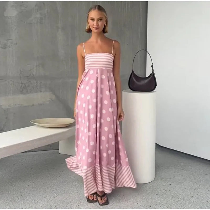 Pink Print Sling Dress Women Elegant Round Dot A Line Sleevelss Robe Female 2024 Summer Backless Elasticity Soft Dresses Lady GONZALES ONLINE SHOP