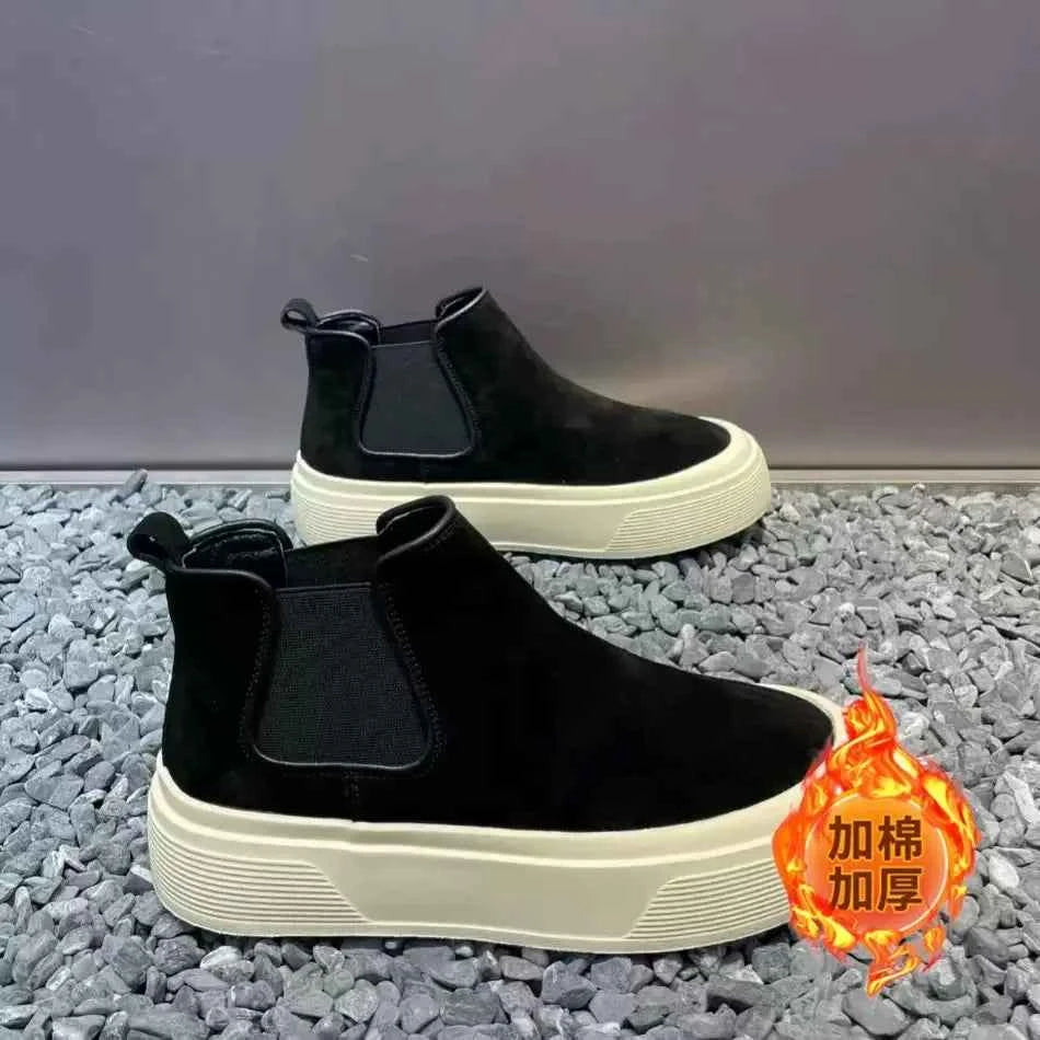 Men's shoes 2026 spring new fashion high top casual thick soled board shoes outdoor anti slip warm suede cotton shoes