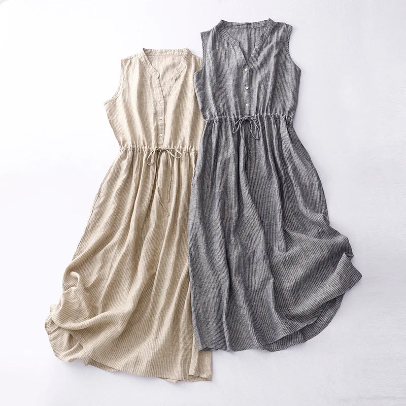 Limiguyue Cotton Linen Striped Vest Dress Summer Clothes Elastic Waist Drawstring A-Line Casual Dresses V-Neck Button Soft U397 GONZALES ONLINE SHOP