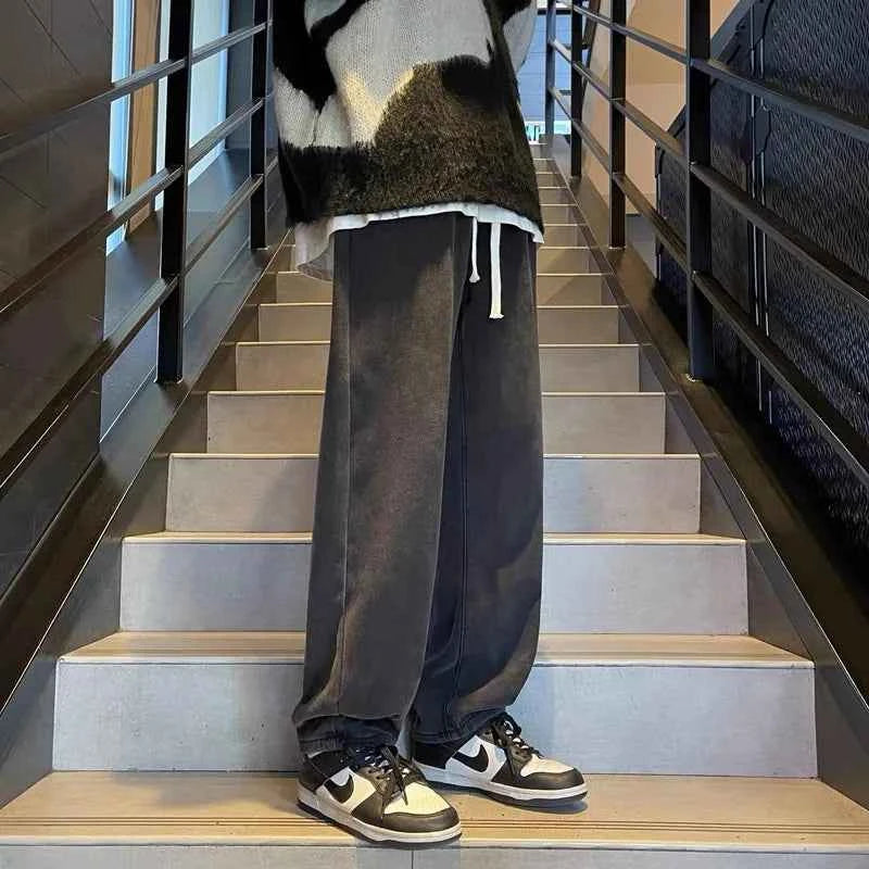 High Waist Straight Leg Dstring Jeans Women's Spring Autumn Slimming Drapey Lazy Sle Floor Length Trousers