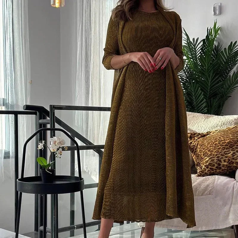 Pleats 2024 Fall Dress Set Gold Silk Pleated Two-piece Long Tunic + Sleeveless Undershirt Long Skirt Suit Women Slim Clothing GONZALES ONLINE SHOP