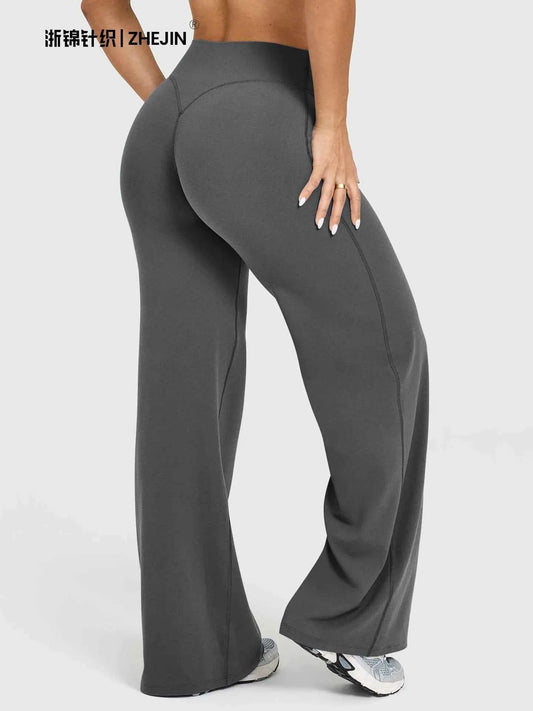 High Waisted Wide Leg Yoga Pants Women Butt Lift Coffee Brown Workout Trousers Flare Leggings Tummy Control Gym Fitness Wear