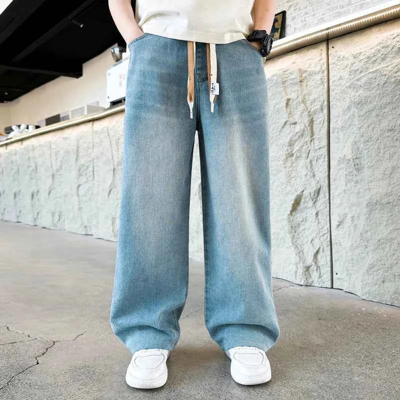 High Quality Kids Straight Fit Drawstring Jeans for Boy Girl Brief High Waist Denim Pants Unisex Child Casual Jeans Trousers