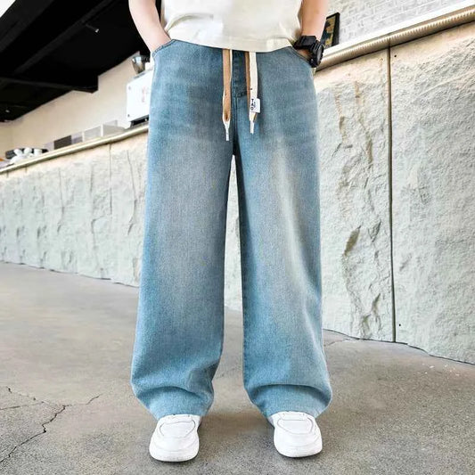 High Quality Kids Straight Fit Drawstring Jeans for Boy Girl Brief High Waist Denim Pants Unisex Child Casual Jeans Trousers