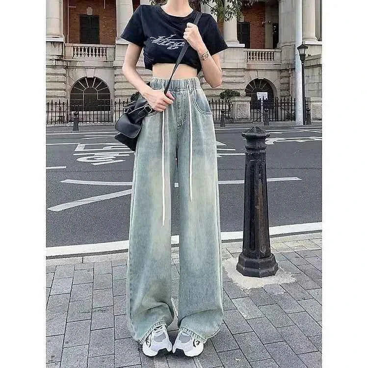 Waist Drawstring Jeans for Women in Spring Summer Korean Version Ins High Waist Slimming Student Straight Wide-leg Floor Pants