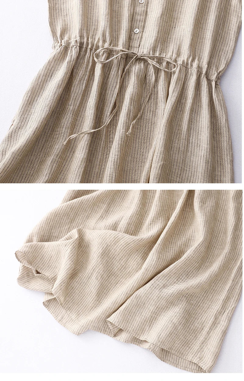 Limiguyue Cotton Linen Striped Vest Dress Summer Clothes Elastic Waist Drawstring A-Line Casual Dresses V-Neck Button Soft U397 GONZALES ONLINE SHOP