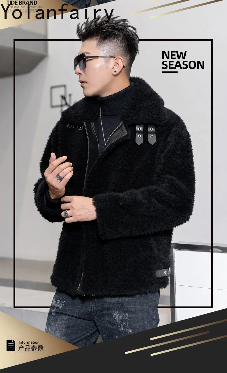 YOLANFAIRY Natural Wool Mens Real Fur Coat Winter Clothes Shearling Jackets for Men Cropped Leather Jacket Loose Fit Бомбер 2024 GONZALES ONLINE SHOP