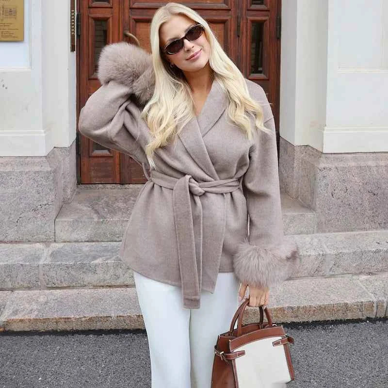 TARUXY Fox Fur Woolen Coats Women's Short Coat Office Lady Removable Elegant Double-sided Wool Overcoat 2025 New Cardigan Jacket