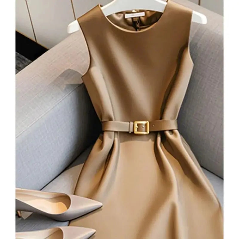 Elegant Women's Formal Dress With Belt Summer New Fashion Solid Color O-Neck Sleeveless High Waist OL Midi Party Vestidos 223P GONZALES ONLINE SHOP