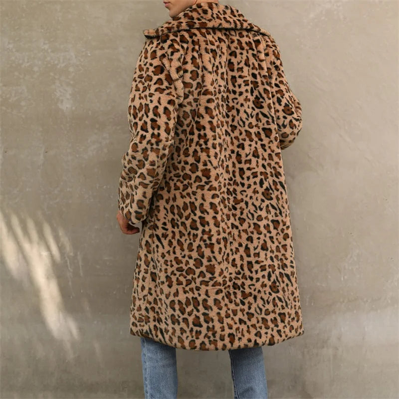 Men’s Faux Fur Coat Winter Warm Long Sleeve Leopard Zebra Print Long Jacket Open Front Overcoat GONZALES ONLINE SHOP