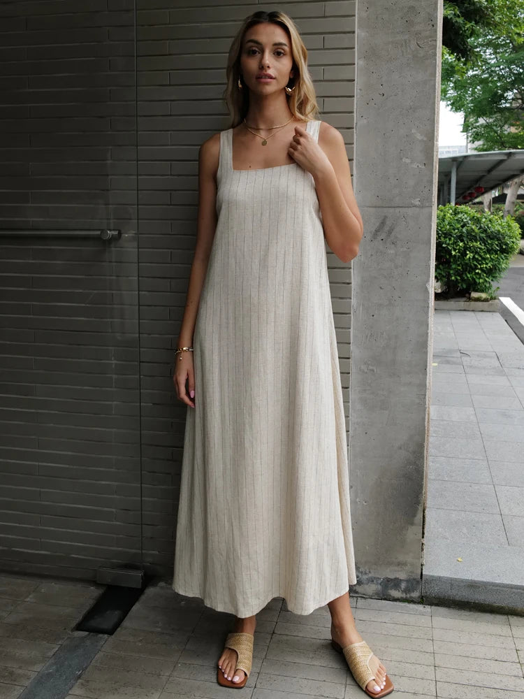 New Design 2024 Summer Women Linen Striped Sleeve Dress Split Tank Dress beach GONZALES ONLINE SHOP