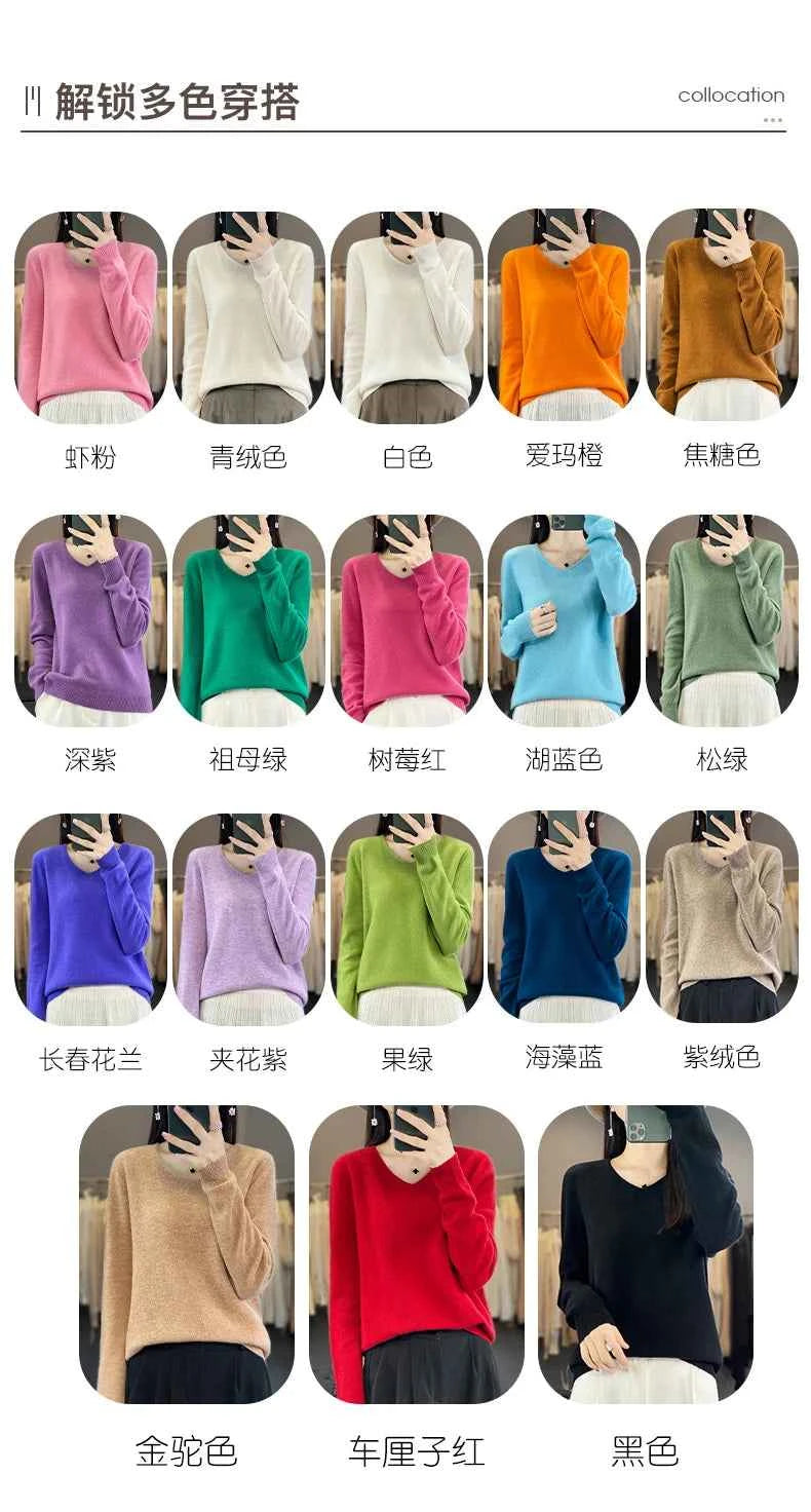 Women 100% Merino Wool Sweater V-Neck Basic Pullover Autumn Winter Cashmere Clothing Long Sleeve Soft Knitwear Tops Solid Color