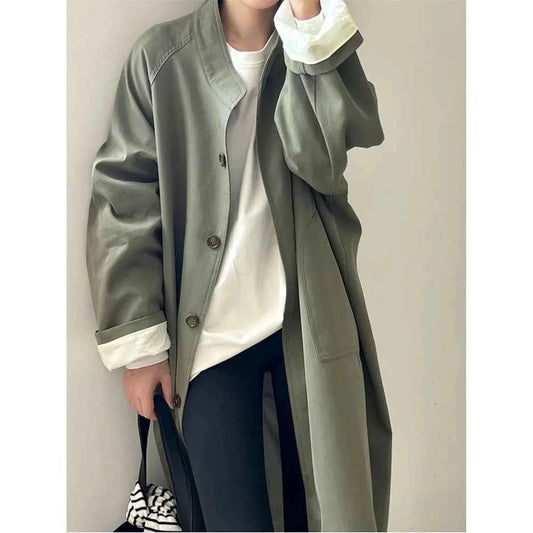 Lazy Loose Stand Up Collar Long Ttrench Coat For Women New Spring Autumn Casual British Style High-end Windbreaker Overcoat