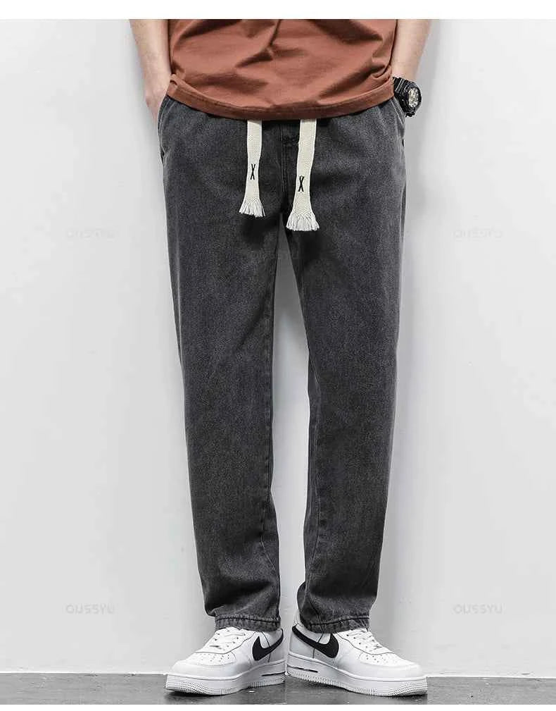 High Quality Fully Elastic Waist Men's Jeans Cotton Soft Drawstring Straight Pants Korea Casual Trousers Male Plus Size S-5XL
