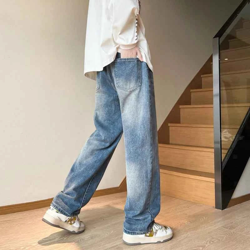 American retro drawstring jeans for men in spring and autumn fashion, washed with water, loose and versatile, men's denim pants