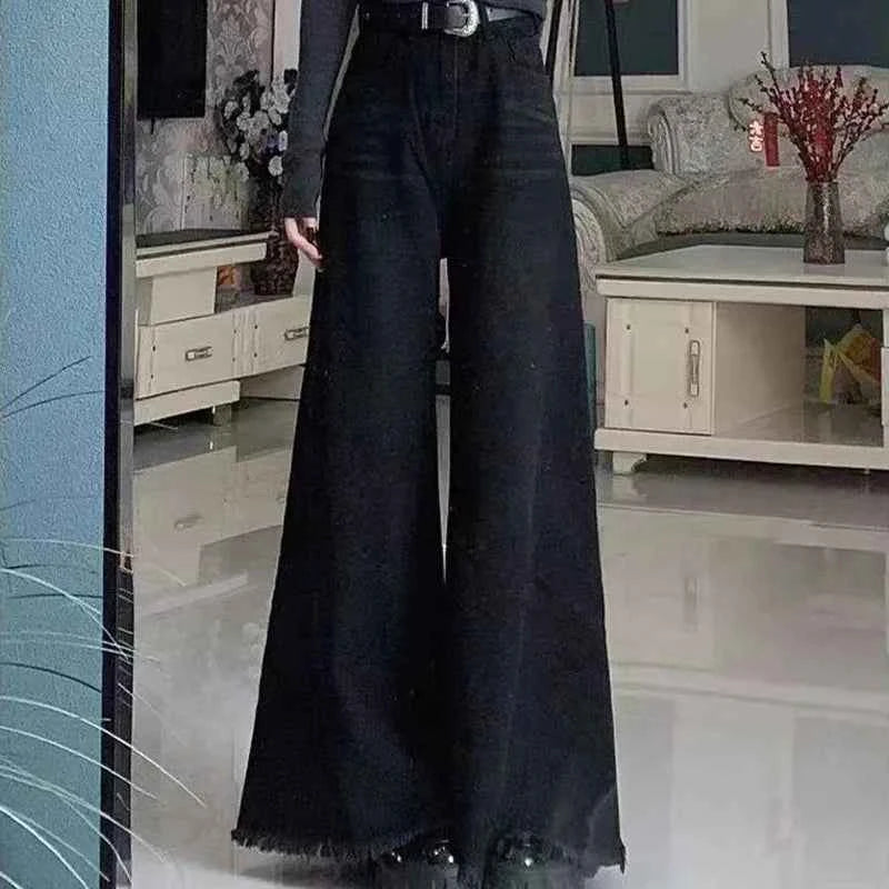 Black Wide Leg Jeans Women Autumn Vintage Raw Edge Tassels Bootcut Denim Pants Loose High Waist Streetwear Harajuku Trouser New