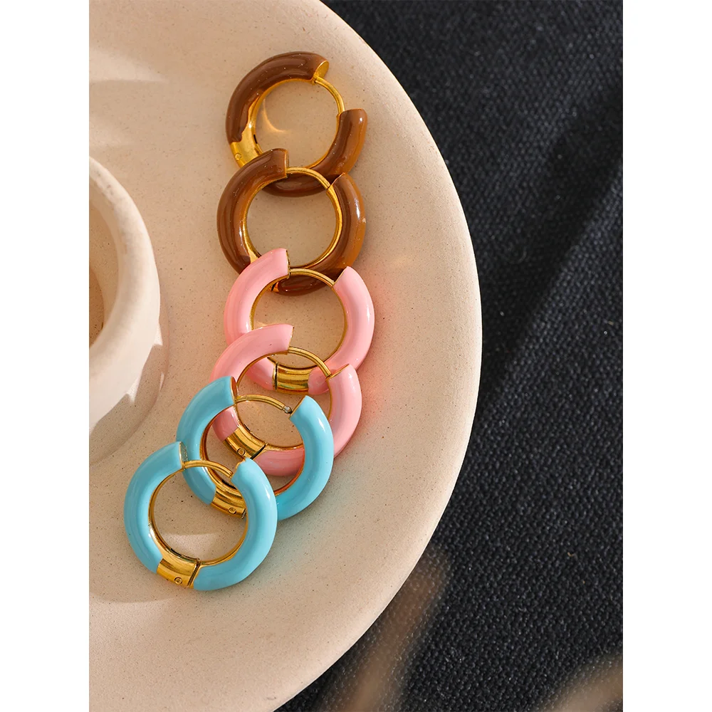 Yhpup 20mm Candy Color Blue Pink Brown Enamel Stainless Steel Hollow Hoop Earrings Golden Simple Trendy Y2K Sweet Jewelry Gift GONZALES ONLINE SHOP