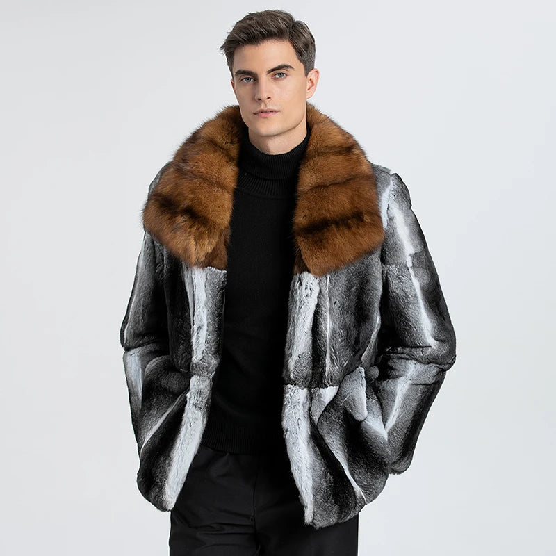 Fur Lover Winter Men's Real Chinchilla Fur Full Skin Overcoat Authentic Chinchilla Fur Long Coat With Genuine Sable Fur Collar GONZALES ONLINE SHOP