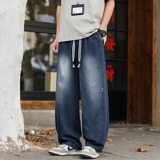 Men's Vintage Washed Wide Leg Jeans Elastic Drawstring Waist Baggy Streetwear Denim Trousers oversized Trousers fit