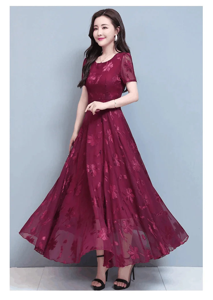 Casual Blue Clothes For Women Summer Maxi Dress 2024 New Red Chiffon O-Neck Party Elegant Boho Korean Fashion Evening Dresses GONZALES ONLINE SHOP