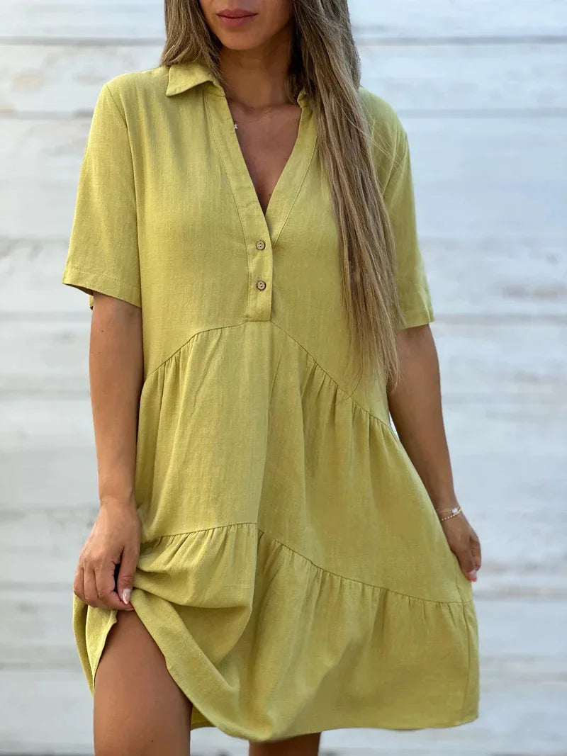 Loose Solid Casual Cotton And Linen Dress Women Summer Short Sleeve Ruffle Stitching Button Shirt Dress Women's Holiday Clothing GONZALES ONLINE SHOP