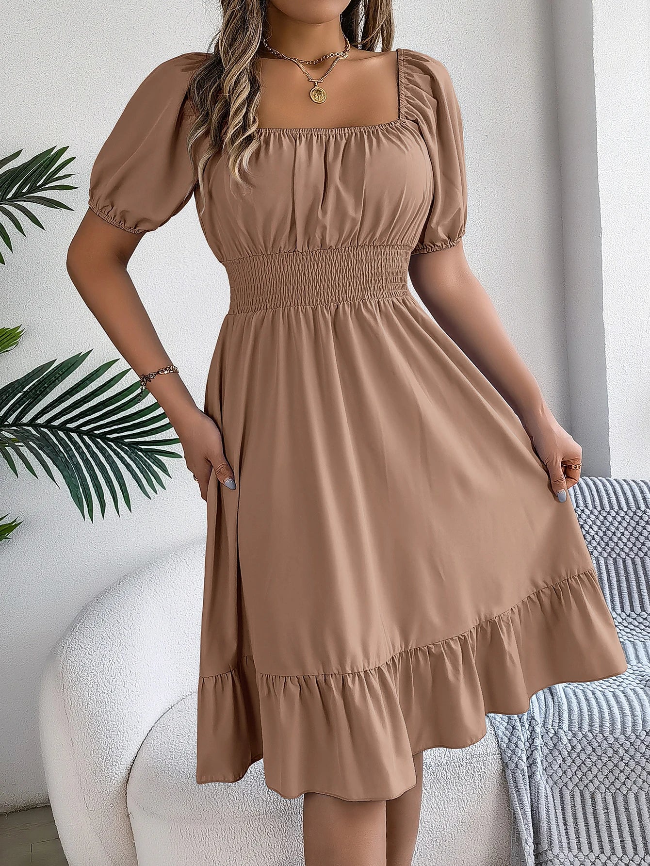 2024 New Fashion Solid Puff Sleeve Square Neck Ruched Bust Ruffle Hem Wasit Dress, Women's Clothing GONZALES ONLINE SHOP