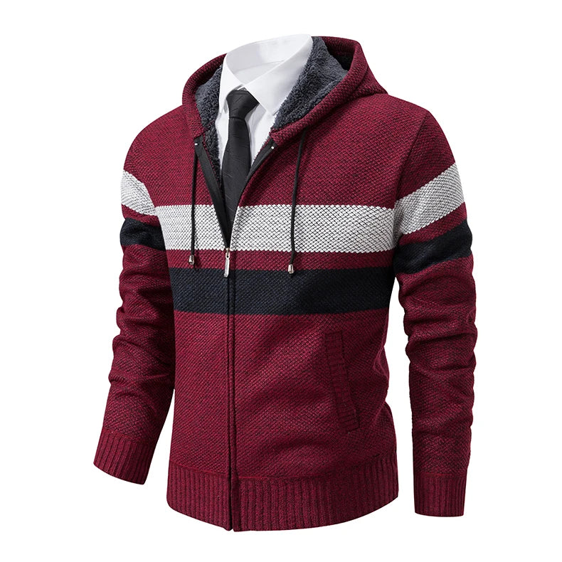 2023 New Autumn and Winter Striped Hooded Sweater Men's Coat with Velvet Padded Warm Knit Cardigan GONZALES ONLINE SHOP